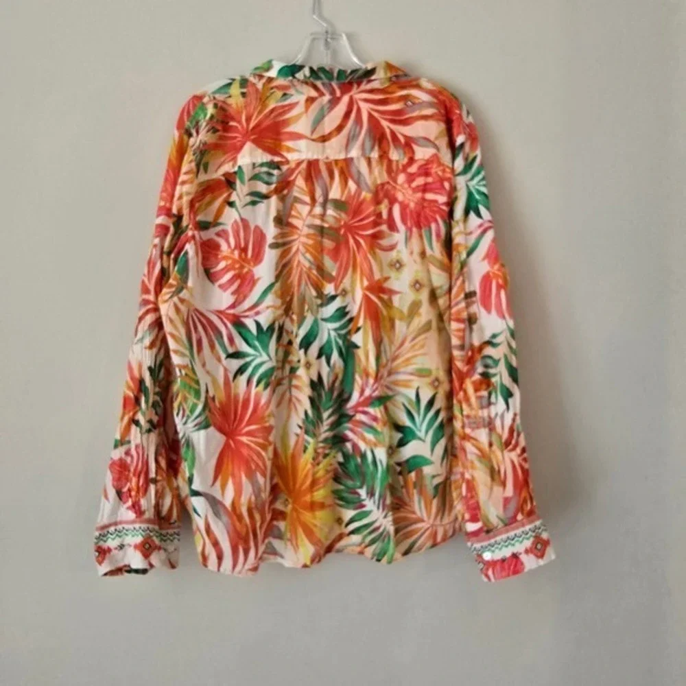Calypso St Barth Tropical Leaf Print Embroidered Button Down Shirt XL Orange Red